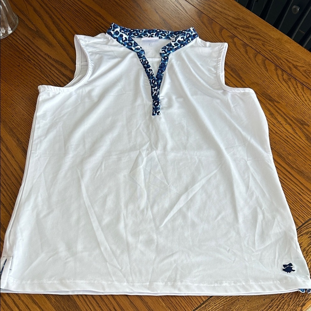 Birdies White Golf Top with Blue Leopard Accents